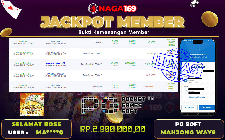 Jackpot PG SOFT - MAHJONG WAYS IDR2900000,-