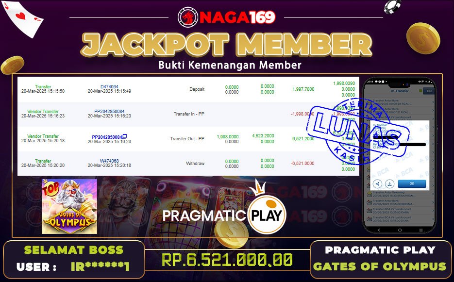 Jackpot PP - Gates of Olympus IDR6521000,- SUKSES