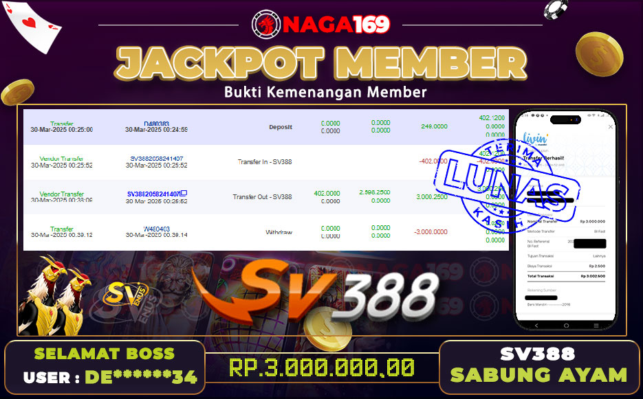 Jackpot SV388 - SABUNG AYAM IDR3000000,- SUKSES